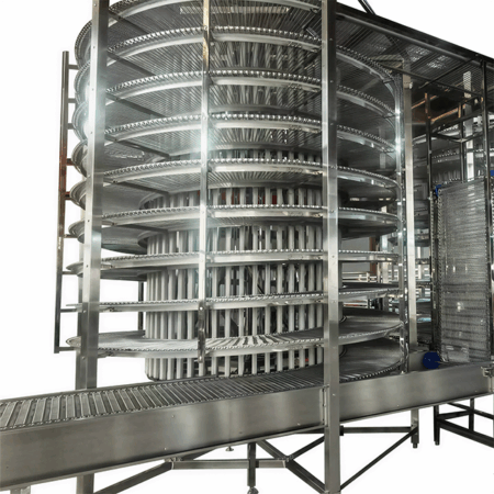 Stainless Steel Wire Mesh Belt Spiral Cooling Tower / Bakery Spiral Cooler Vertical Spiral Conveyor for Bread Cake